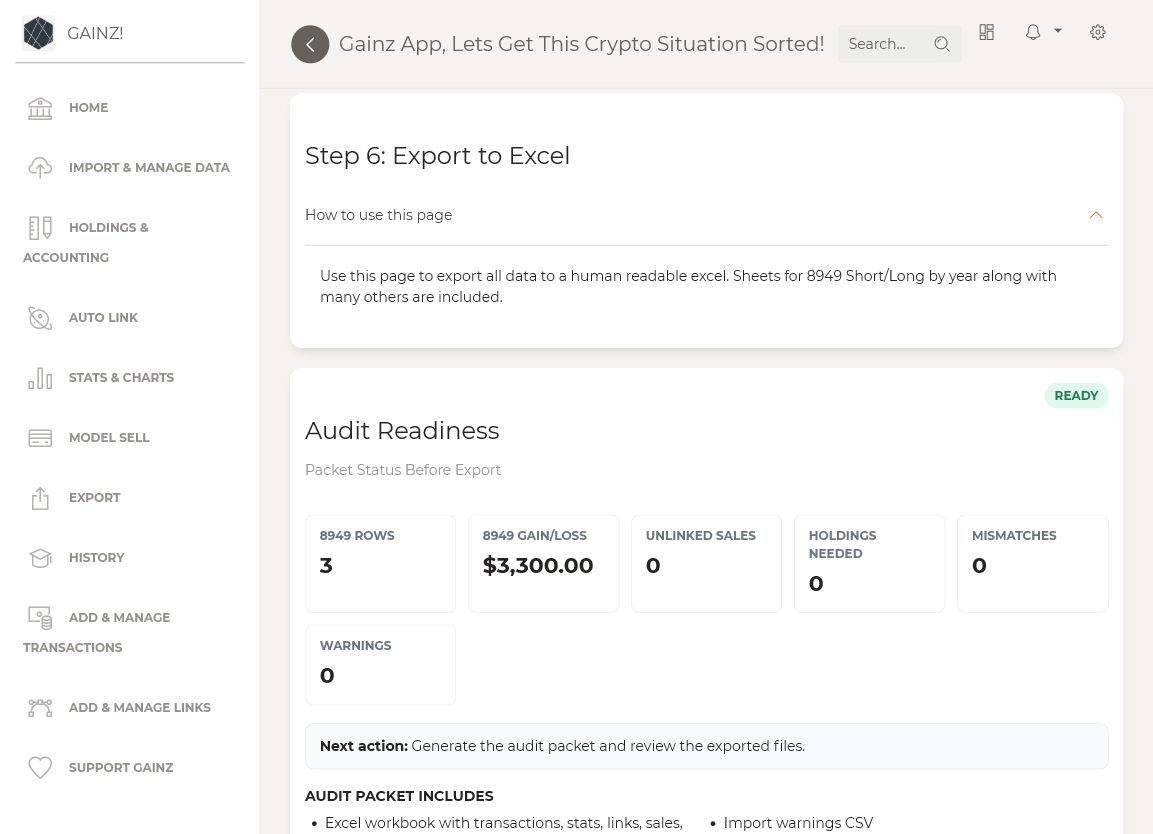 Gainz Export page showing audit readiness and export actions