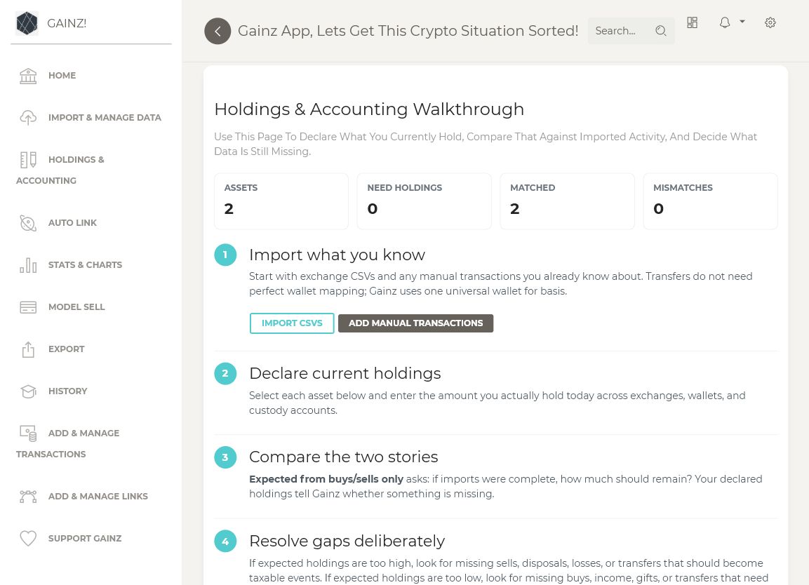 Gainz Holdings and Accounting page showing reconciliation status cards and asset review workflow