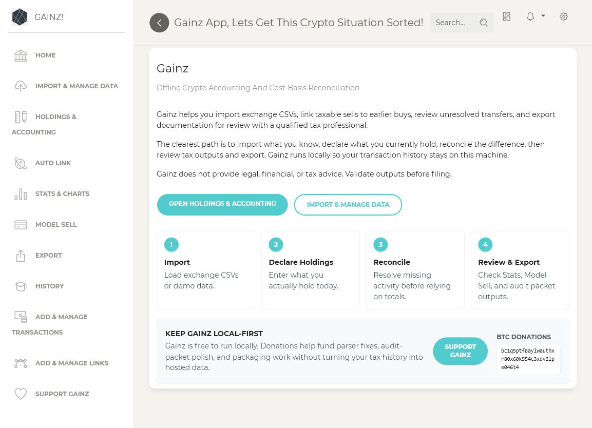 Gainz home page showing the guided workflow from import to reconciliation and export