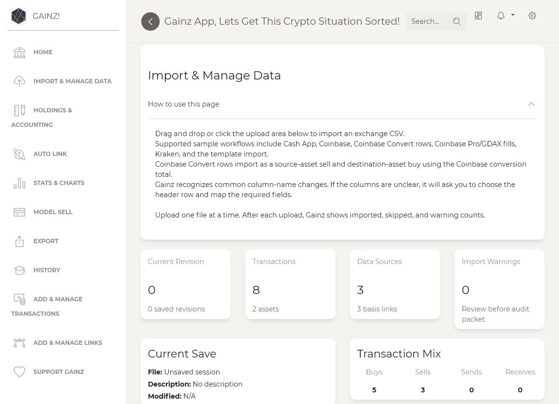 Gainz Import and Manage Data page showing data sources and recent revision history