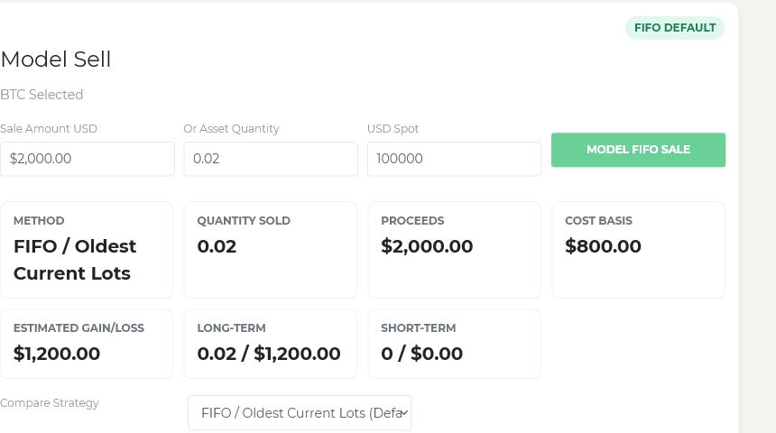 Gainz Model Sell page showing a potential sale scenario and estimated result fields
