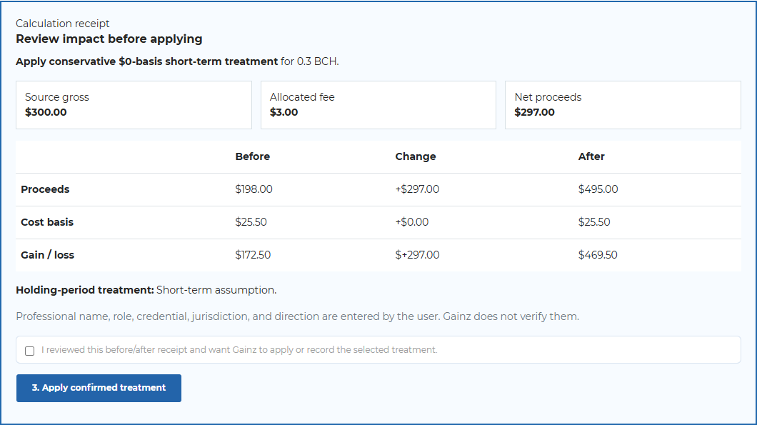 Gainz professional treatment preview showing source gross value, allocated fee, net proceeds, and before and after Form 8949 totals