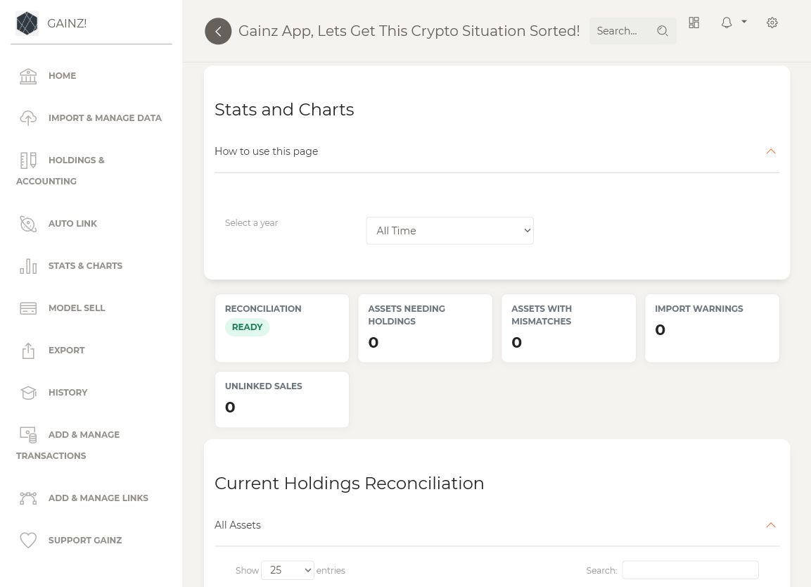 Gainz Stats and Charts page showing reconciliation summary and chart area